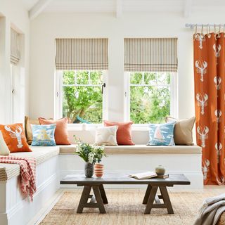 living room with brown curtain with lobster print