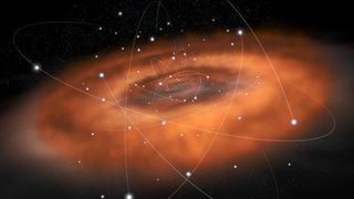 An illustration of the Milky Way's central black hole, wrapped in orange gas clouds and orbiting stars