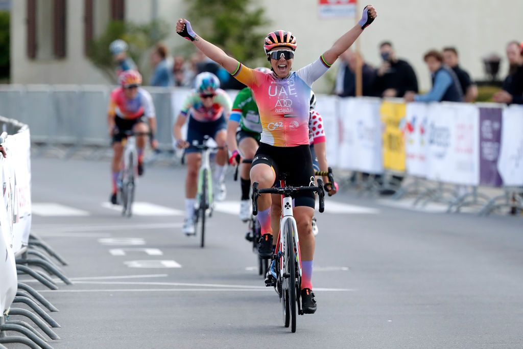 STEINFORT LUXEMBOURG APRIL 30 Marta Bastianelli of Italy and UAE Team ADQ celebrates at finish line as stage winner during the 14th Ceratizit Festival Elsy Jacobs 2022 Stage 1 a 1214km stage from Steinfort to Steinfort felsy on April 30 2022 in Steinfort Luxembourg Photo by Bas CzerwinskiGetty Images