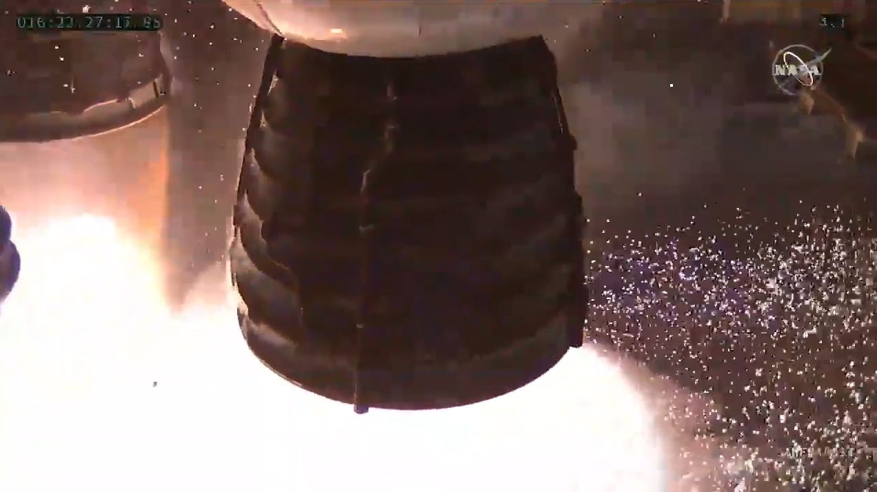 A close up view of the four RS-25 engines of NASA's first Space Launch System core booster firing during a hot-fire test on Jan. 16, 2020.