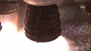 A close-up view of the four RS-25 engines of NASA's first primary space launch system during a hot test fire on January 16, 2020.
