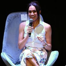 Meghan Markle addresses the audience during the "Afro women and power" forum, at the Municipal Theatre in Cali, Colombia, on August 18, 2024. 