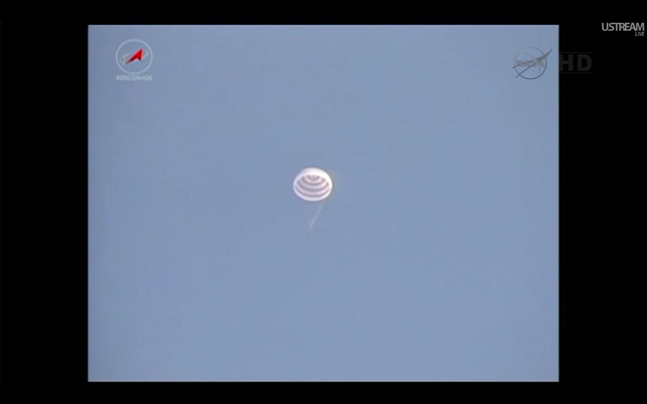 The Soyuz TMA-22 capsule, carrying NASA astronaut Dan Burbank and Russian cosmonauts Anton Shkaplerov and Anatoly Ivanishin, shortly before it landed in Kazakhstan on April 27, 2012.