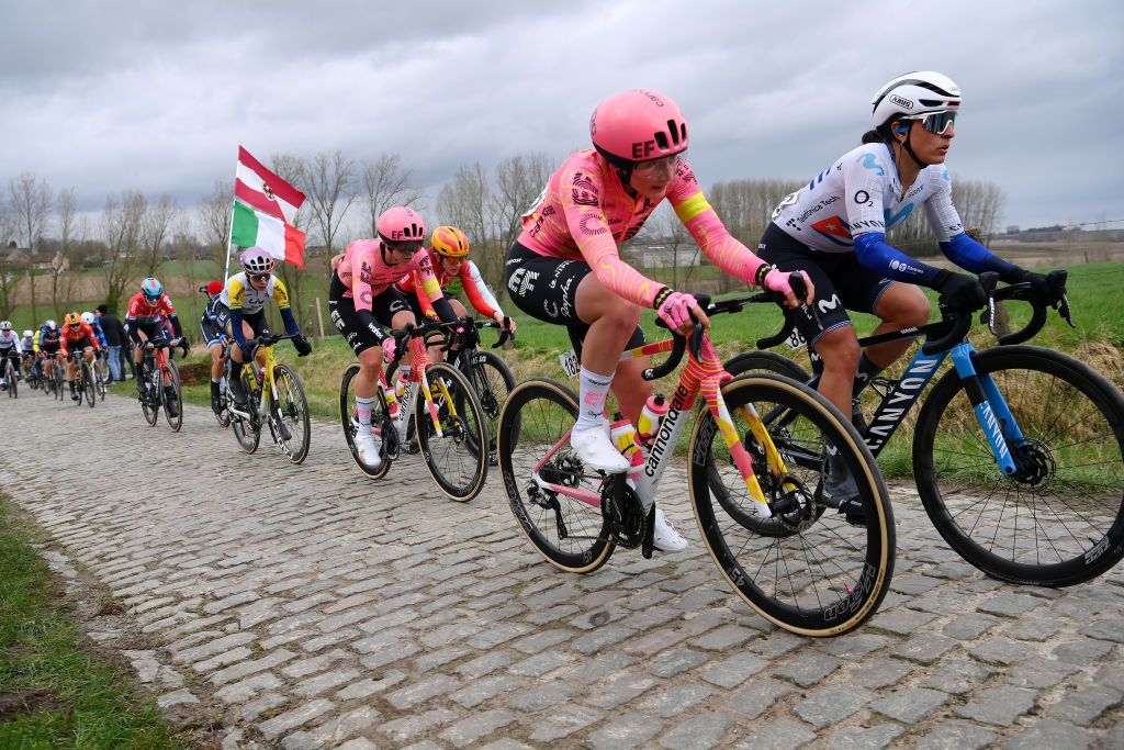 NINOVE BELGIUM FEBRUARY 24 LR Nina Kessler of The Netherlands Letizia Borghesi of Italy and Team EF EducationCannondale and Arlenis Sierra of Cuba and Movistar Team compete passing through a cobblestones sector during the 16th Omloop Het Nieuwsblad 2024 Womens Elite a 1271km one day race from Ghent to Ninove UCIWWT on February 24 2024 in Ninove Belgium Photo by Alex BroadwayGetty Images