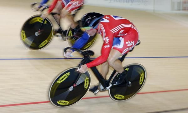 Chris Hoy sets on on the anchor lap for the British team in the men's team sprint qualification round.