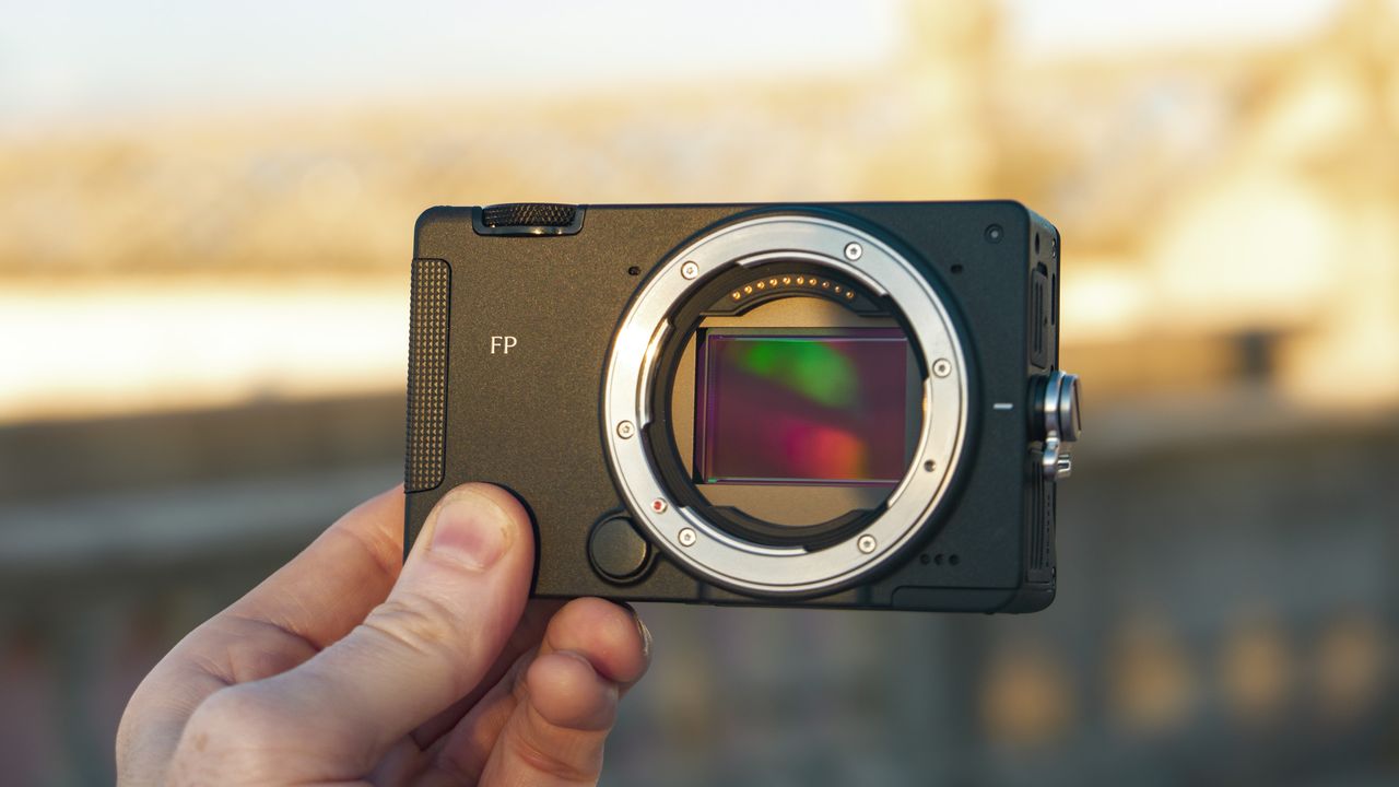 Sigma FP2 mirrorless camera no lens attached, in user's hand, at golden hour outdoors