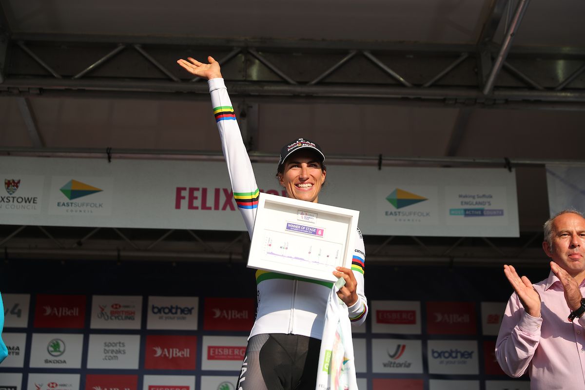 Picture by Alex Whitehead/SWpix.com - 09/10/2021 - Cycling - AJ Bell Women's Tour of Britain - Stage Six: Haverhill to Felixstowe, England - Elisa Balsamo of Team ValCar Travel &amp; Service on the podium after her stage 6 win