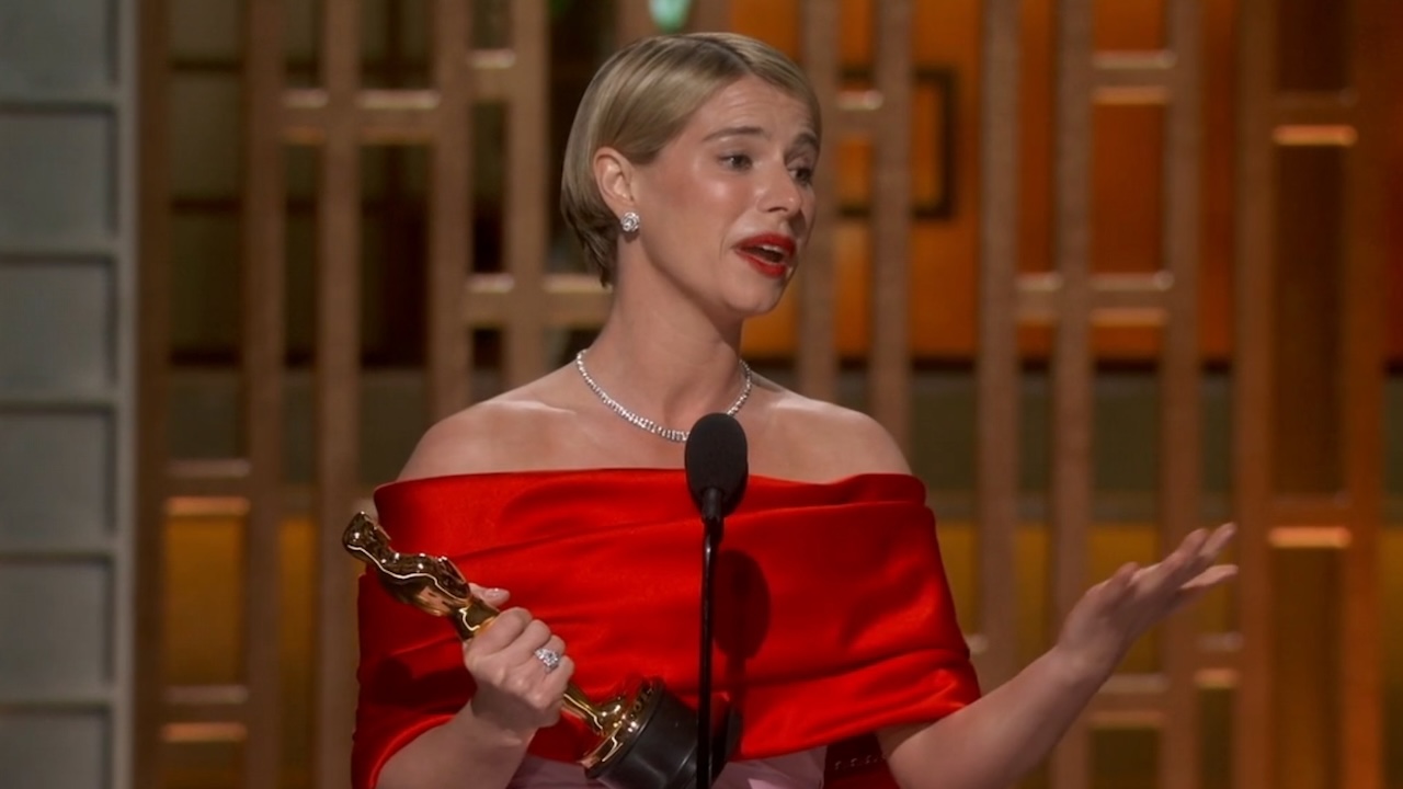 Jessie Buckley accepting Best Actress award at Oscars