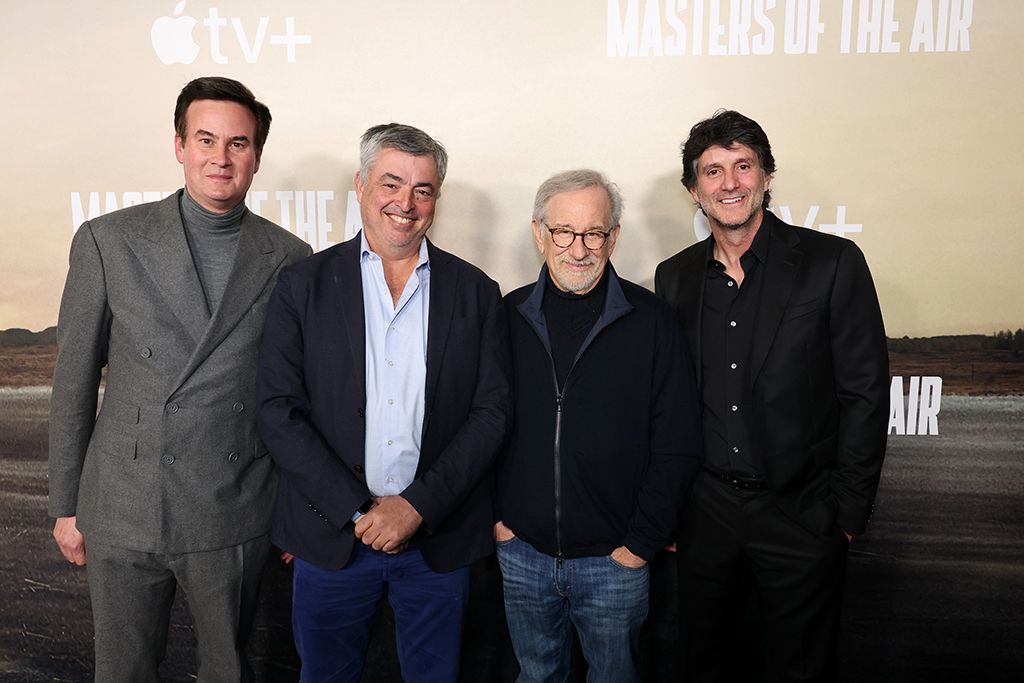 At the Los Angeles premiere of Apple TV Plus series Masters of the Air (l. to r.): Zack Van Amburg, head, worldwide video, Apple; Eddy Cue, senior VP, services, Apple; Steven Spielberg, executive producer; and Jamie Erlicht, head, worldwide video, Apple.