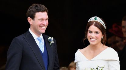 windsor, united kingdom october 12 embargoed for publication in uk newspapers until 24 hours after create date and time jack brooksbank and princess eugenie leave st georges chapel after their wedding ceremony on october 12, 2018 in windsor, england photo by poolmax mumbygetty images