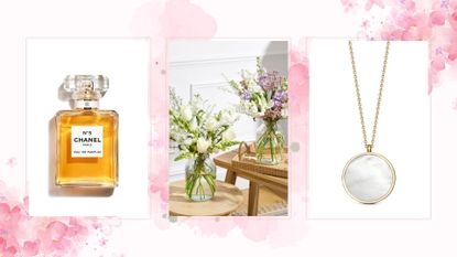 A composite image showing three different 40th birthday gift ideas, on a white background with pink floral graphics.