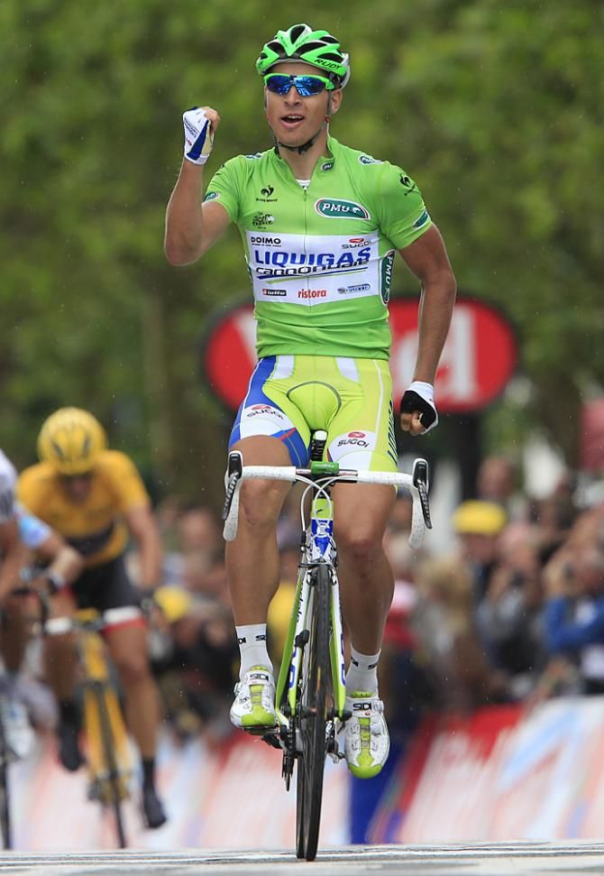 Peter Sagan (Liquigas - Cannondale) doing his "run Forrest, run!" salute on stage 3 of the 2012 Tour de France