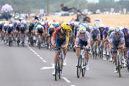 CHALON-SUR-SAONE, FRANCE - JULY 16: (L-R) Derek Gee-West of Canada and Team Lidl - Trek and Mathis Le Berre of France and Team TotalEnergies compete during the 113th Tour de France 2026, Stage 12 a 179.1km stage from Circuit Nevers Magny-Cours to Chalon-sur-Saone / #UCIWT / on July 16, 2026 in Chalon-sur-Saone, France. (Photo by Dario Belingheri/Getty Images)