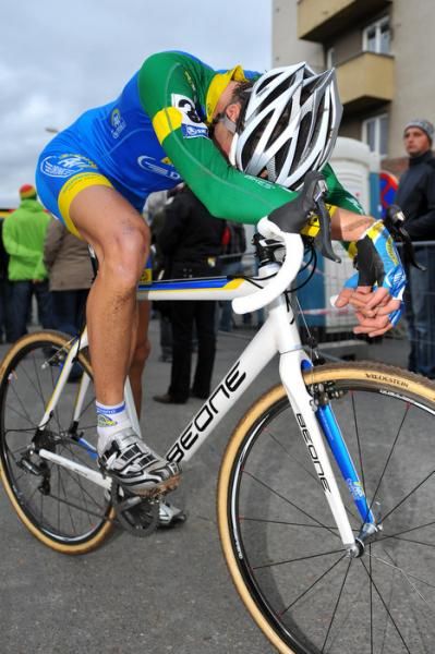 An exhausted Thijs van Amerongen (AA Drink Cycling Team) after his 15th place finish.