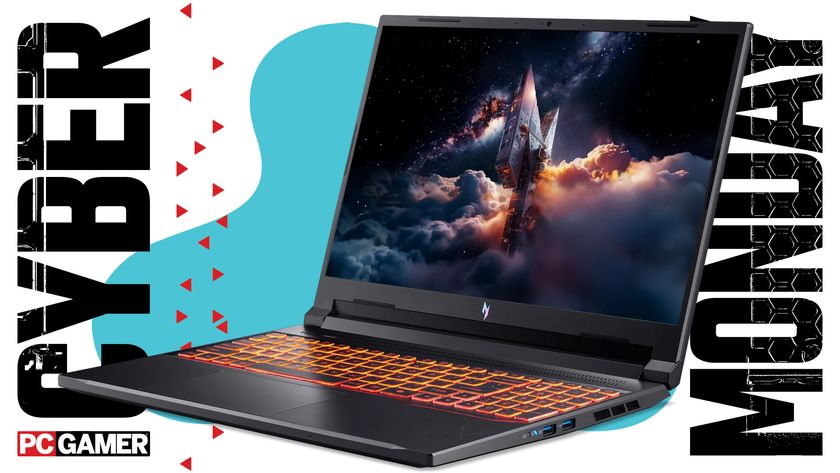 An Acer gaming laptop with a blue Cyber Monday background.