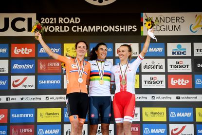 Elisa Balsamo, Marianne Vos and Kasia Niewiadoma on the podium for the elite Road World Championships 2021 in Leuven, Belgium