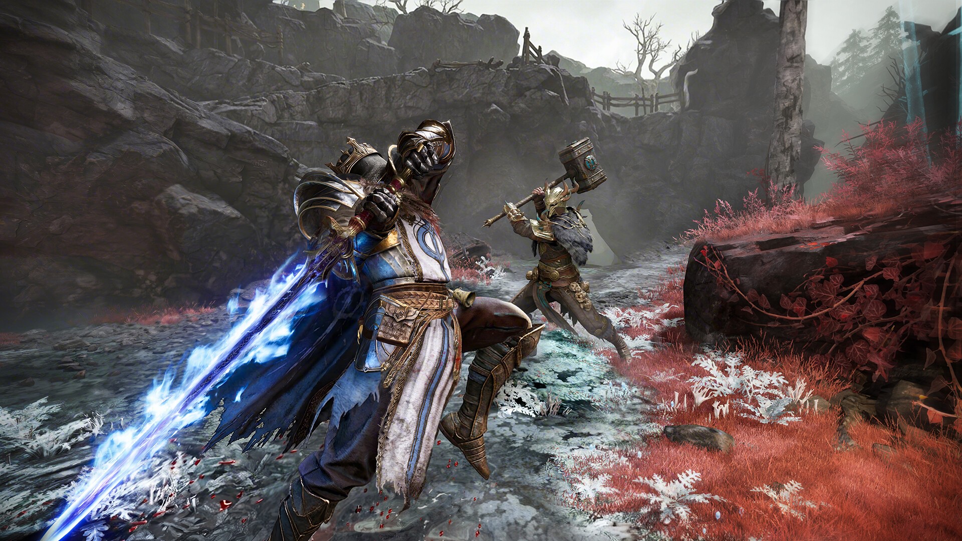 A player's sword glows with blue fire as they attack in Mistfall Hunter