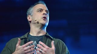 LOS ANGELES, CA - JUNE 10: SVP Global Marketing and Communications at Bethesda Pete Hines speaks onstage as Bethesda Softworks shows off new video game experiences at its E3 Showcase and at The Event Deck at LA LIVE on June 10 ahead of the Electronic Entertainment Expo (E3) happening at the Los Angeles Convention Center from June 12-14 in Los Angeles, California. (Photo by Charley Gallay/Getty Images for Bethesda Softworks)