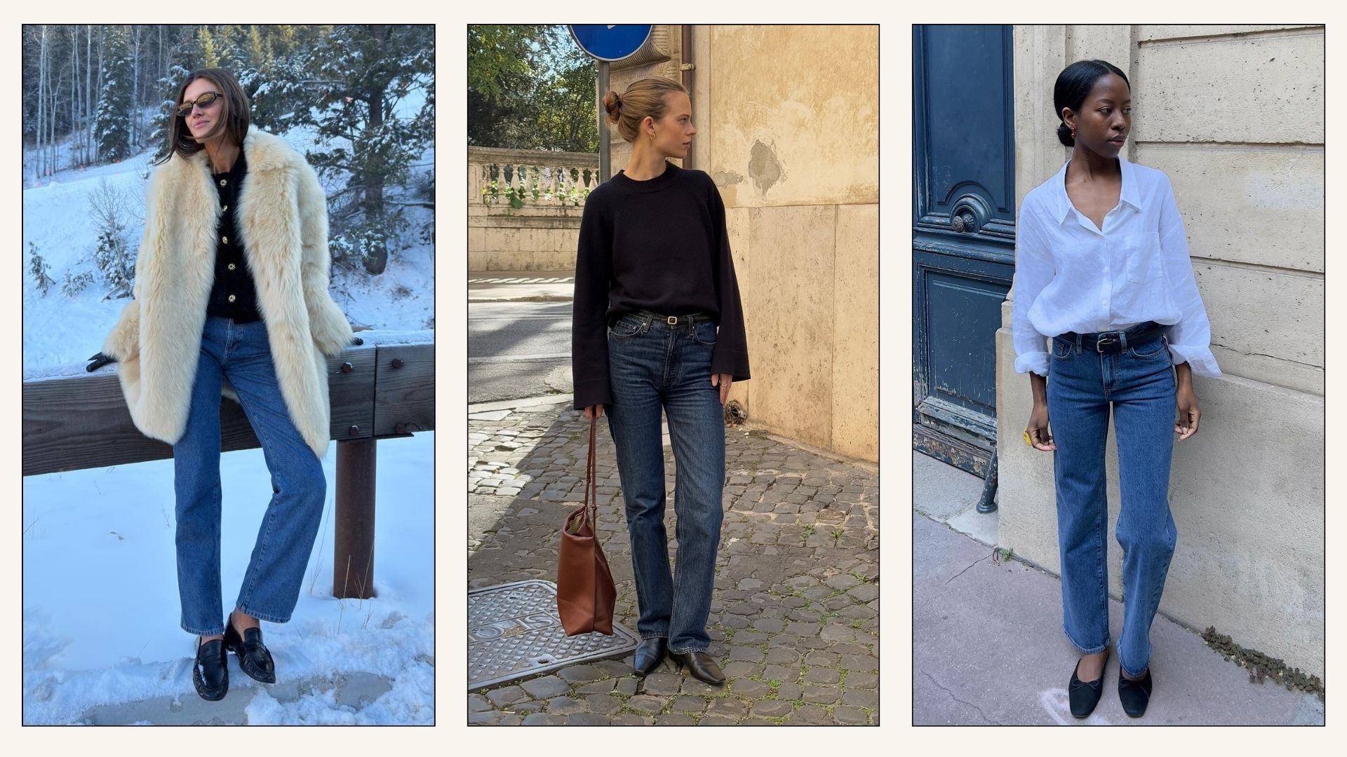 Collage of influencers wearing cigarette jeans with flat shoes.