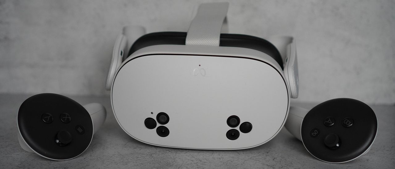 Meta Quest 3S headset and controllers on a grey background