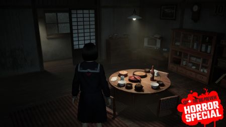 Hinako shelters in an abandoned house in Silent Hill f, with the GamesRadar+ Horror Special badge