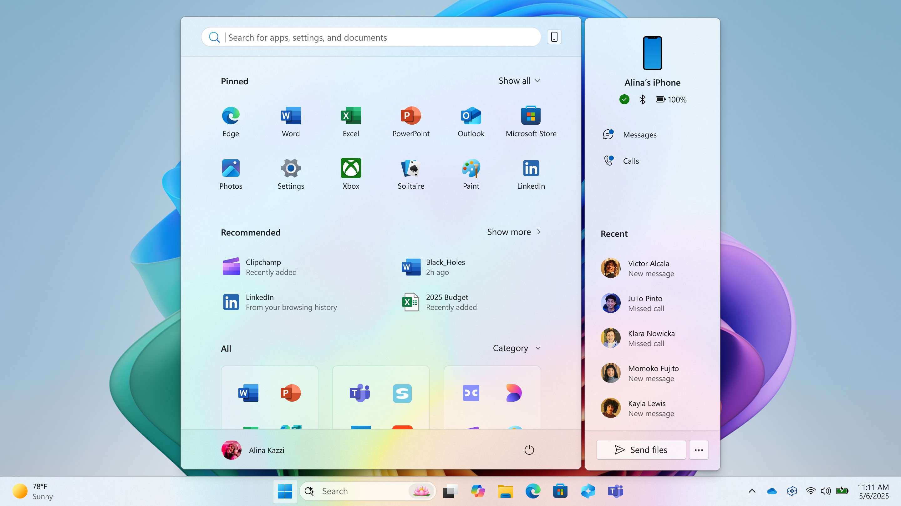 New Windows 11 Start menu with Phone Link
