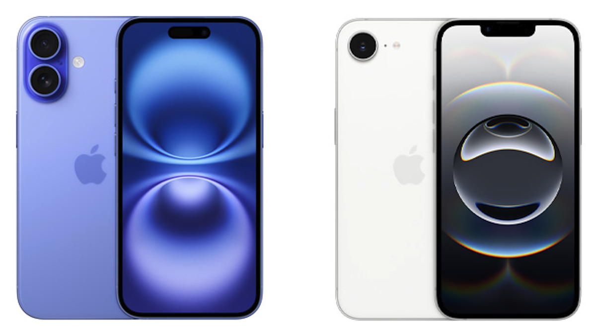 A blue iPhone 16 pictured next to a white iPhone 16e