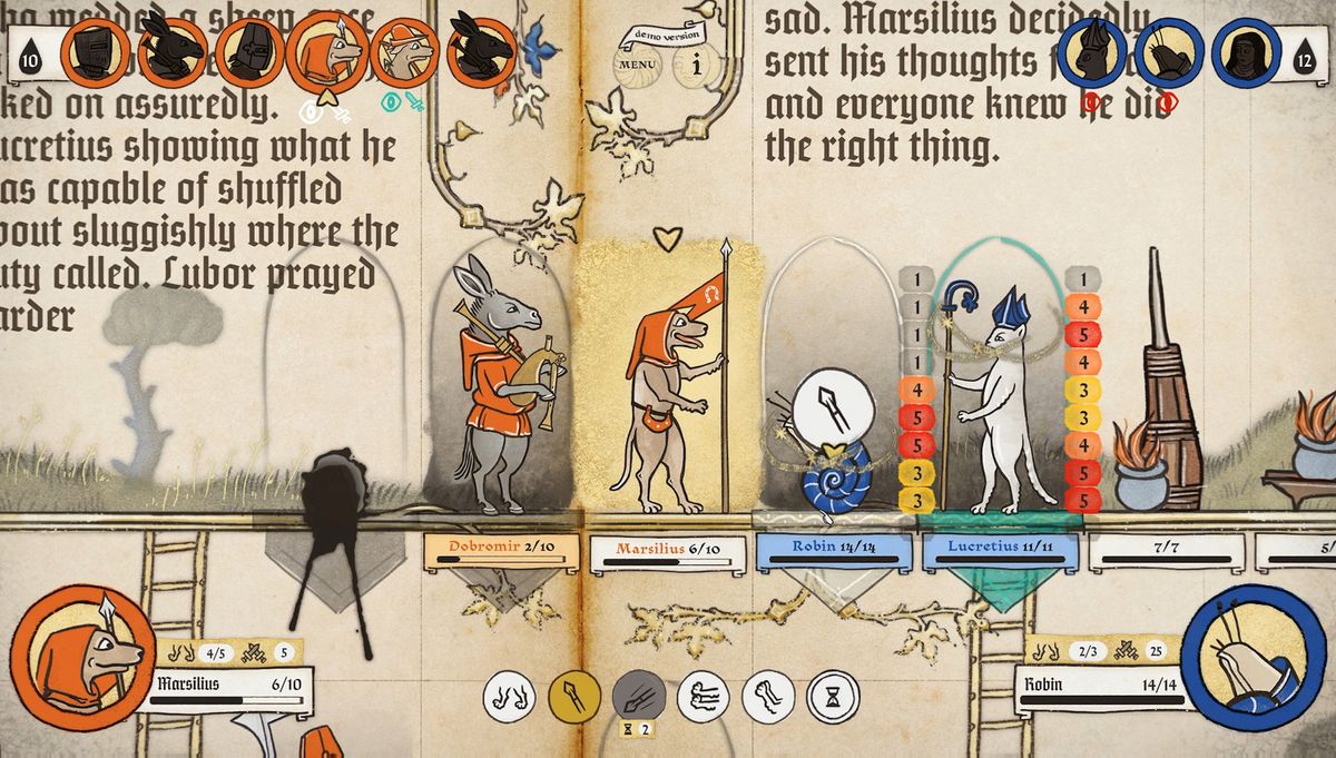 Image of medieval marginalia creatures battling in game Inkulinati. They are illustrated in a style like an illuminated manuscript.