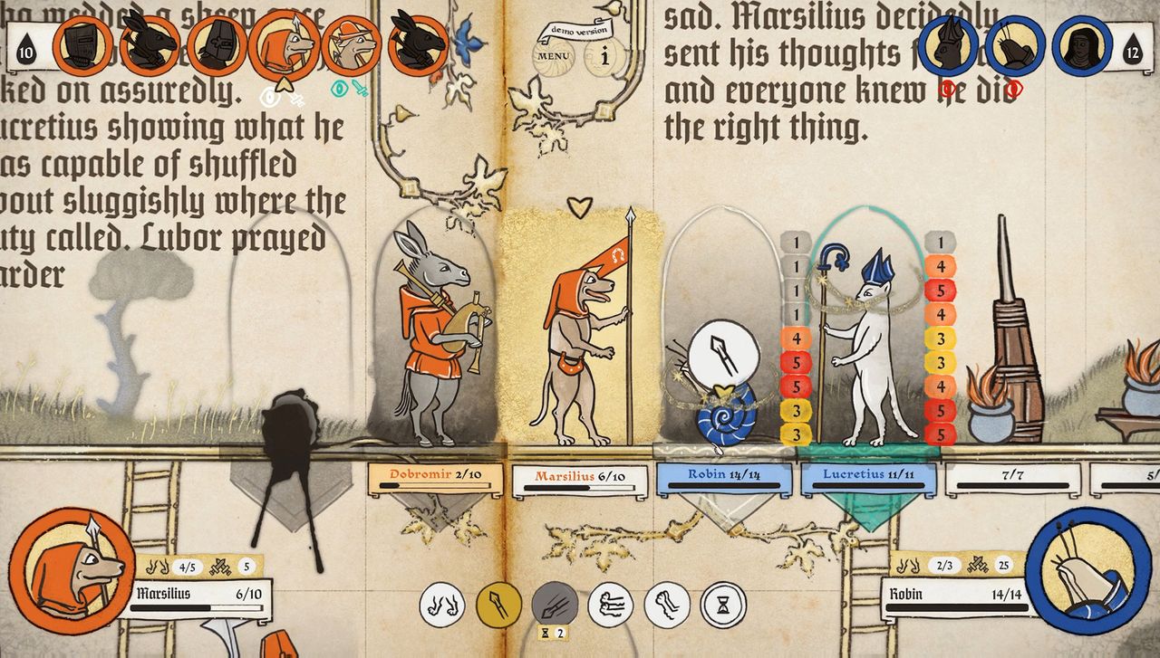 Image of medieval marginalia creatures battling in game Inkulinati. They are illustrated in a style like an illuminated manuscript.