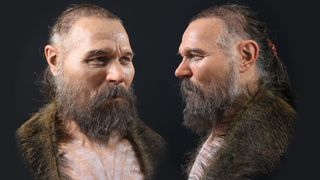 In this reconstruction, the Mesolithic man, who died in his 50s, wears a wild boar skin.