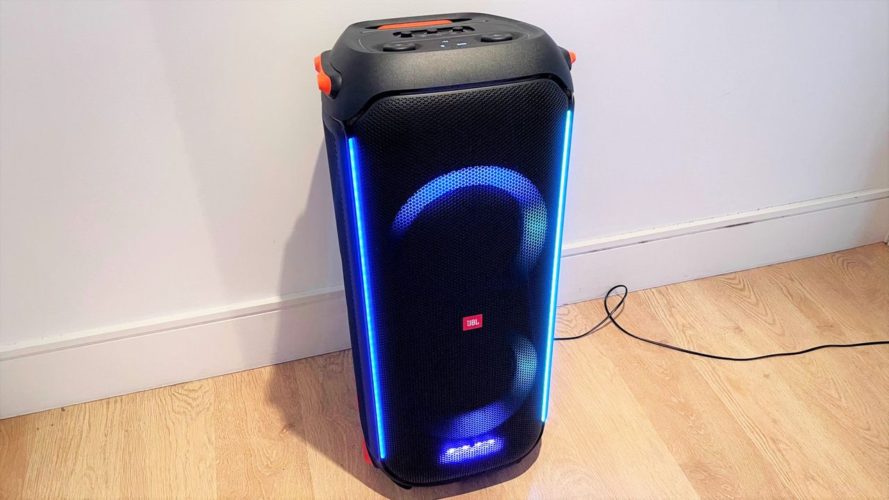 JBL Partybox 710 review: speaker with lights by a white wall