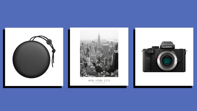 images of three Christmas gifts for men - a Bang & Olufsen speaker, Desenio New York City print and Panasonic Lumix camera - on a blue blackground