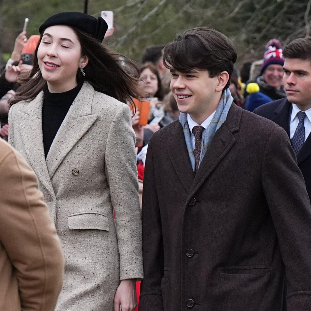 Eleanor Ekserdjian and Samuel Chatto wealking next to each other to church on Christmas Day with Arthur Chatto behind them