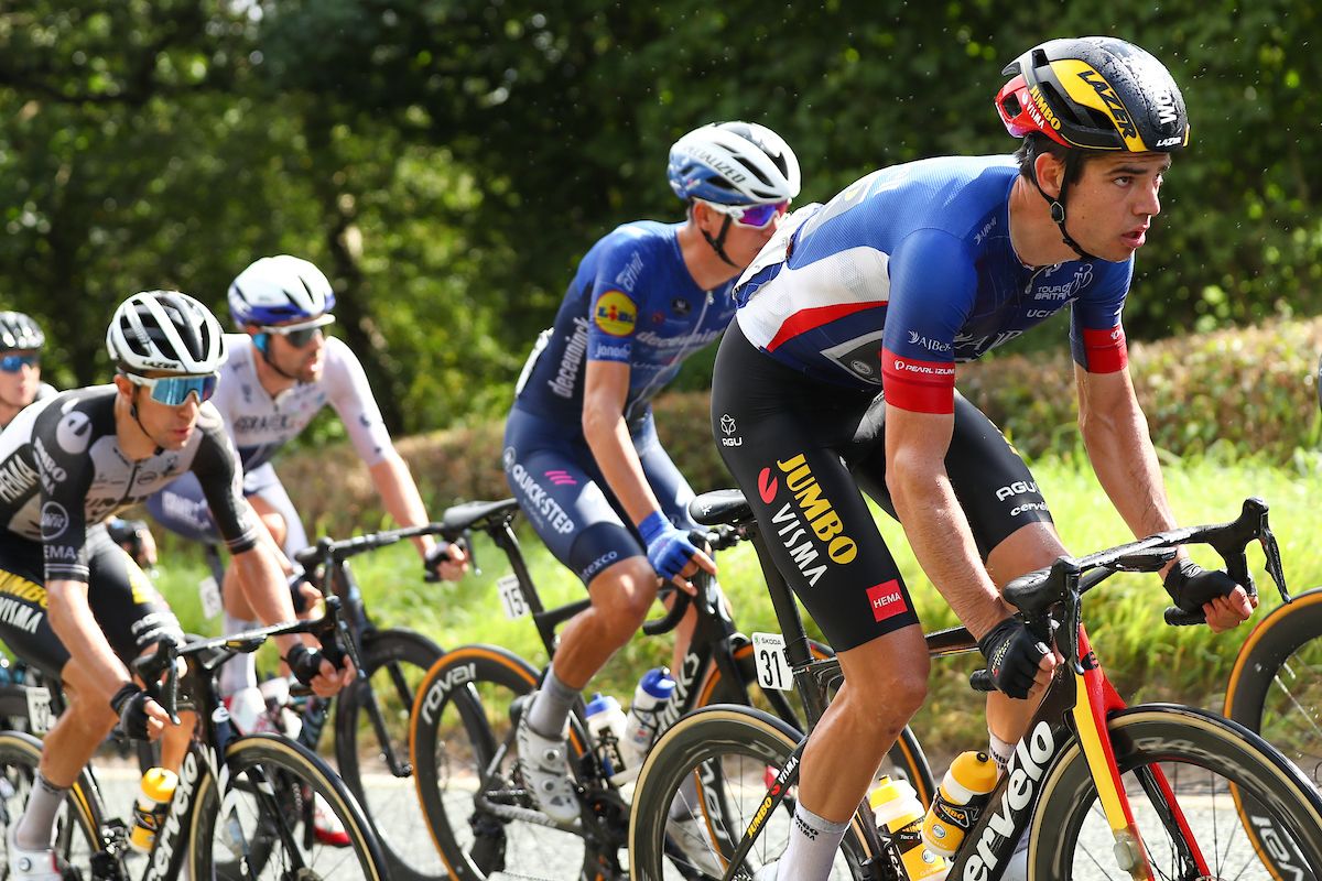 Picture by SWpix.com - 09/09/2021 - Cycling - AJ Bell Tour of Britain Stage 5 - Alderley Park to Warrington, England - Wout van Aert of Team Jumbo Visma (Wearing the Overall Race Leader&acirc;s Jersey) during stage five of the AJ Bell Tour of Britain