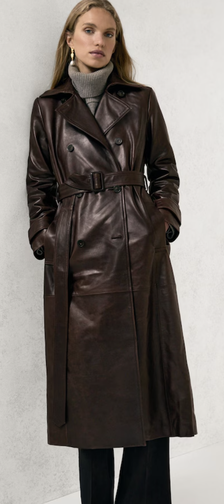 Reiss, Leather Double-Breasted Trench Coat in Chocolate