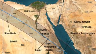A map showing the path of the eclipse over north africa, including Siwa Oasis and Luxor in Egypt.