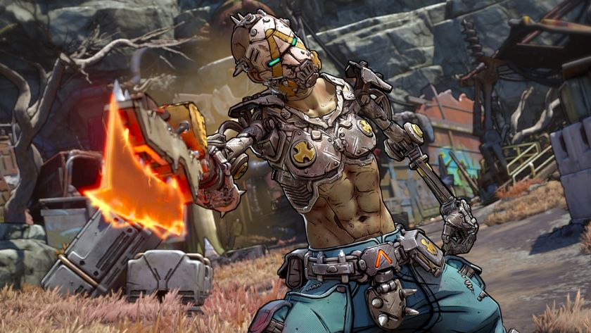 Borderlands 4 level cap max skill points: A bandit wearing the iconic mask, holding out an energy blade with his robitic arms.