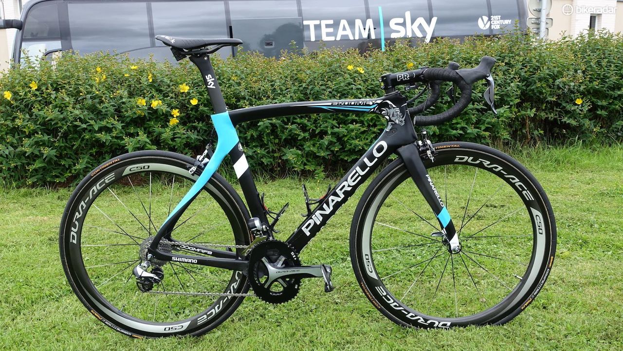 Pinarello prepared a custom Dogma F8 for two-time Tour de France winner and this year's favorite Chris Froome. The subtle finish features a rhinoceros in reference to Froome's African roots and to help bring awareness to the precarious situation of the iconic animal