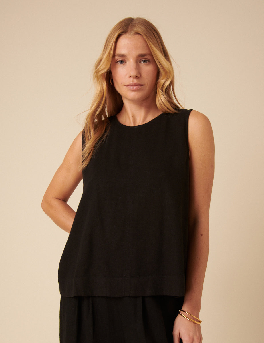 Black Linen-Blend Swing Top