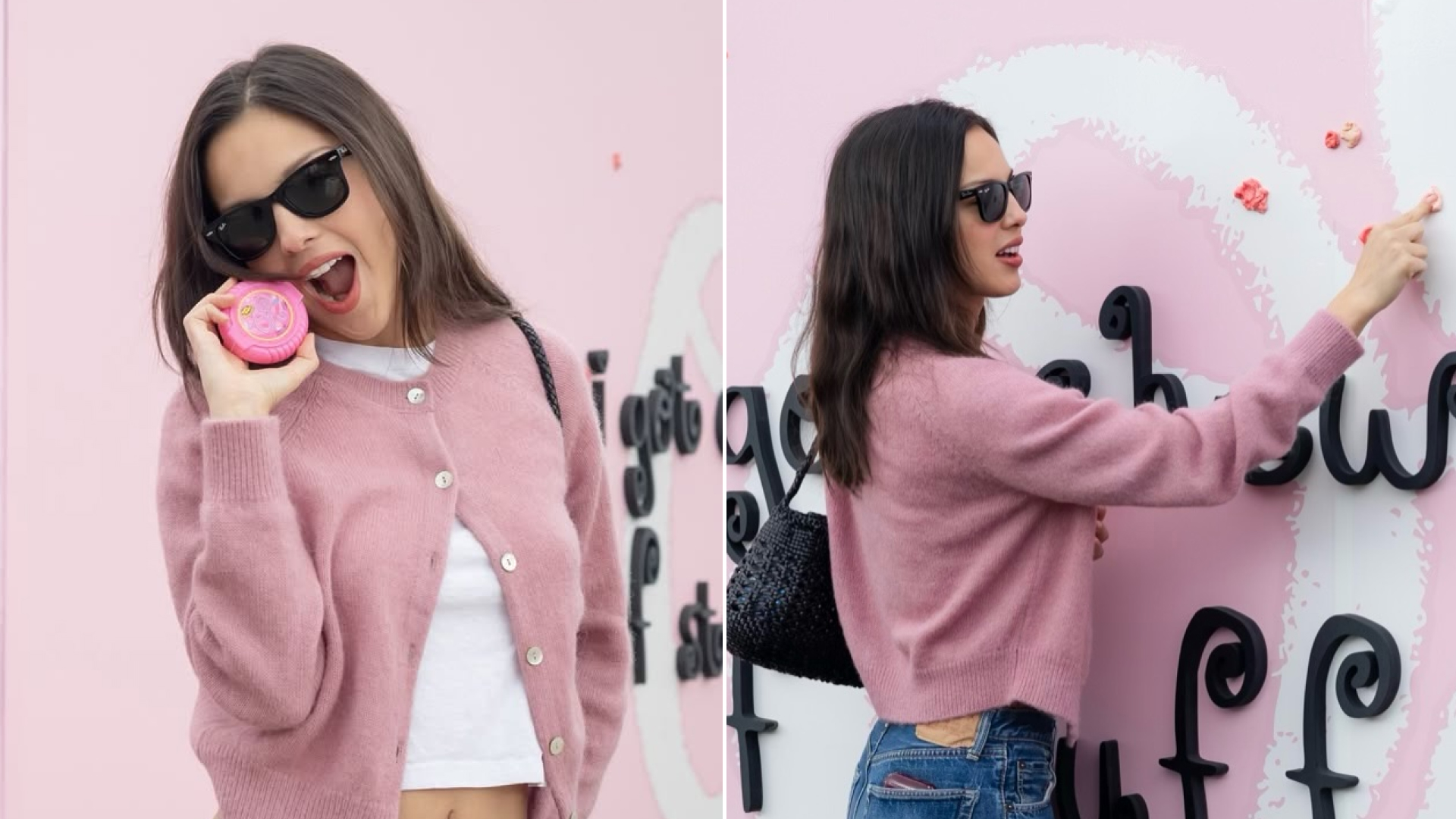 Olivia Rodrigo wears a pink Doen cardigan with blue jeans and a white T-shirt and carries a black woven bag