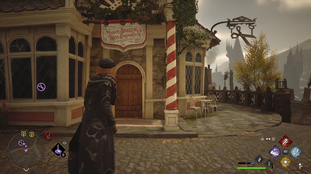 hogwarts legacy outside of barber shop in hogsmeade