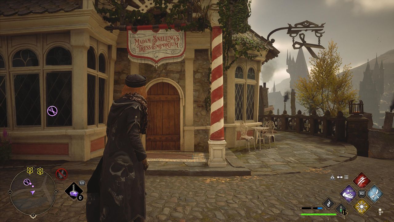 hogwarts legacy outside of barber shop in hogsmeade
