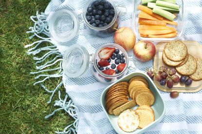 A picnic blanket is on the grass with fruit vegetables and crackers on it. 