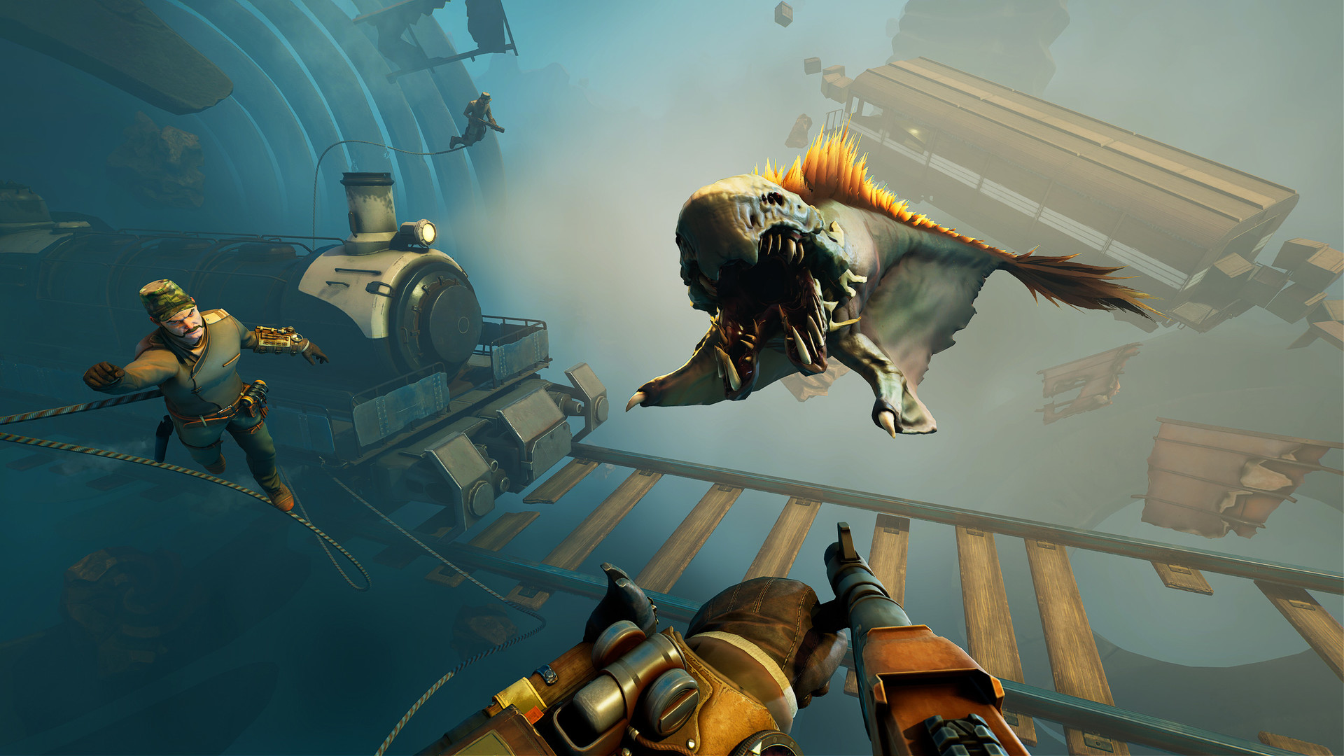 A space shark attacks the player in an interdimensional void. To his left, a fellow player floats toward him in front of a parked steam engine on railtracks