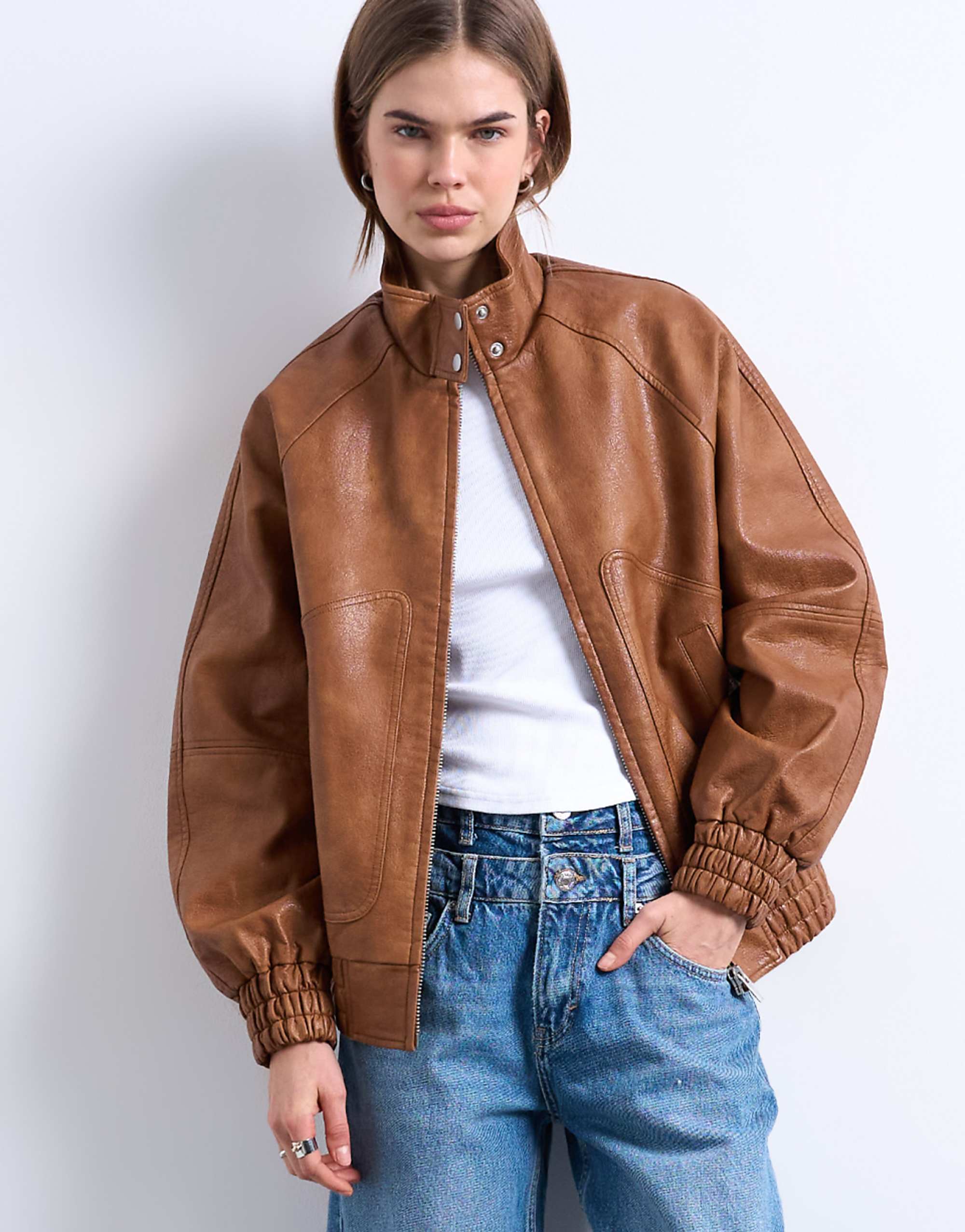 Topshop Leather Look Funnel Neck Jacket in Washed Brown