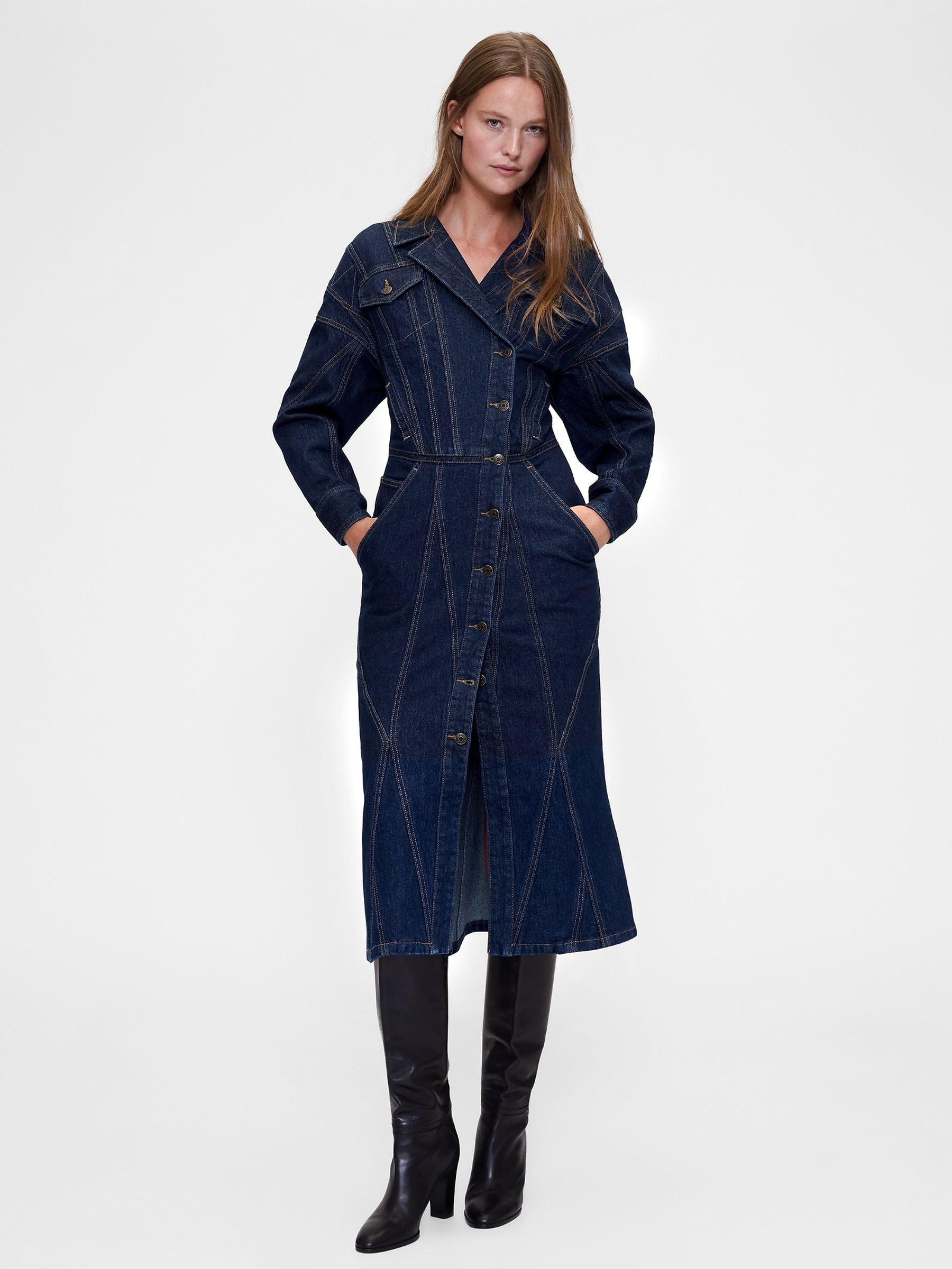 Gapstudio Dark Wash Blue Seamed Denim Midi Shirt Dress