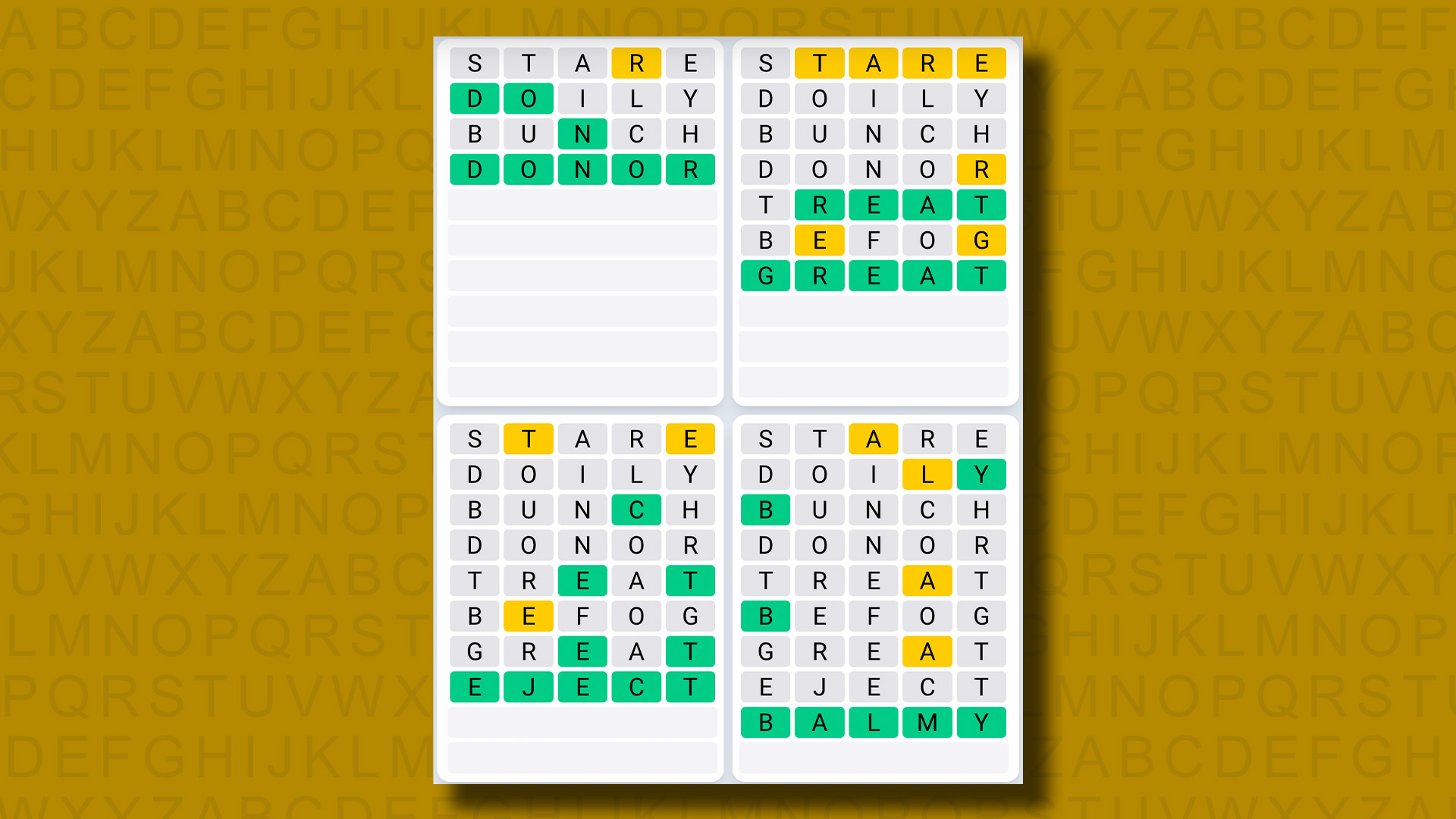 Quordle Daily Sequence Answers for Game 963 on a yellow background