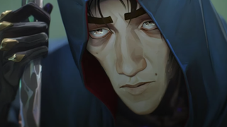 Viktor from Netflix's Arcane looks very, very tired at someone off-screen, cloaked in a vivid blue hood.