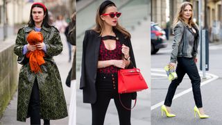what to wear with black jeans: three women wearing bright accessories with black jeans
