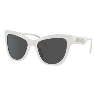 Pair of white-framed Versace sunglasses with logo emboldened in gold on the temples